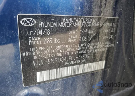 2018 Hyundai Elantra Sel z USA, uszkodzony, nr VIN 5NPD84LF0JH373061